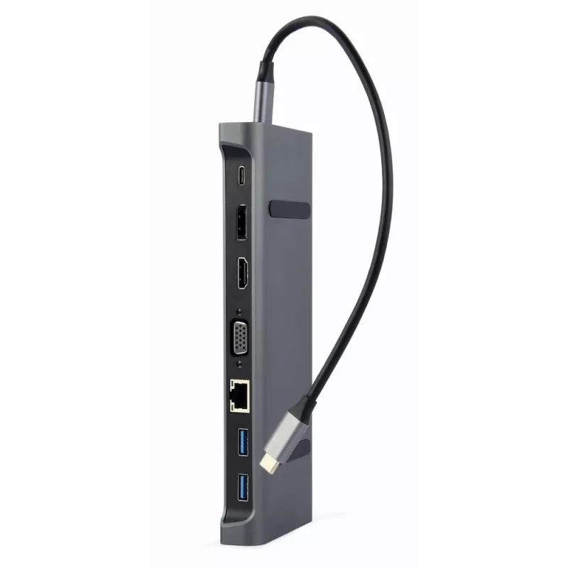 Kannettavan telakka Gembird A-CM-COMBO9-02 USB 3.2 Gen 1 Type-C, HDMI, VGA, 3×USB-A, Gigabit Ethernet, 87W PD, harmaa