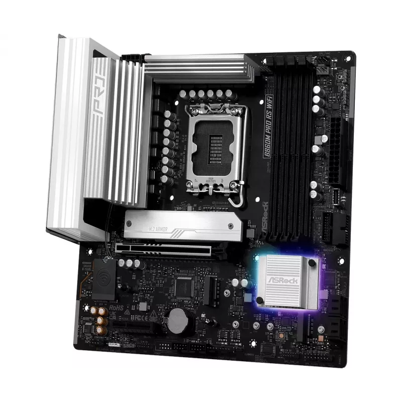 Emolevy ASRock B860M Pro RS WiFi — Intel B860, LGA 1851, micro ATX, DDR5, 4 DIMM, 3x M.2, 2.5Gb LAN, Wi‑Fi, Bluetooth