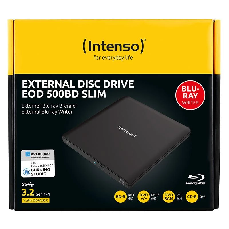 Intenso EOD 500BD Slim ulkoinen Blu-ray-poltin, USB 3.2 Gen 1, musta