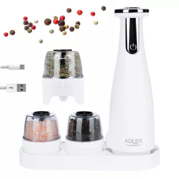 Suola- ja pippurimyllysetti Adler AD 4449W teräs valkoinen, keraaminen mylly, 150 ml, USB-C ladattava