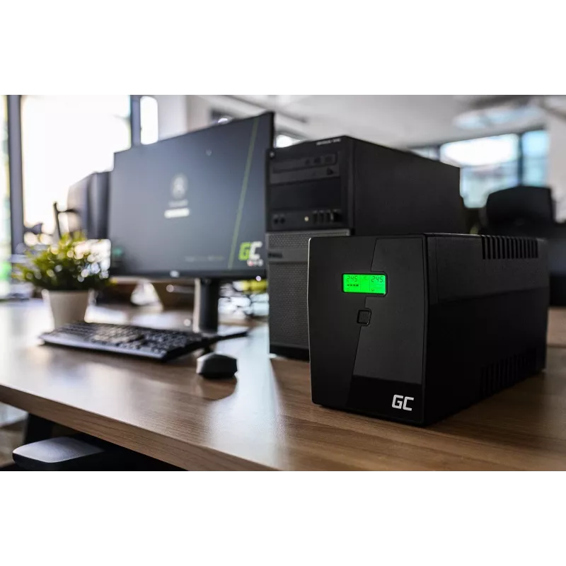 Keskeytymätön virtalähde Green Cell UPS02 0,8 kVA (480 W) line-interactive, LCD, 2× Type-F pistorasiaa, USB-B, RJ-45, RJ-11