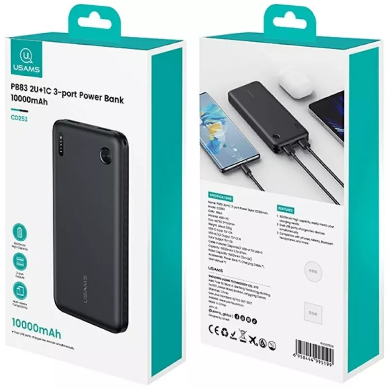 Varavirtalähde usams PB83 10000mAh PD 2×USB-A USB-C valkoinen