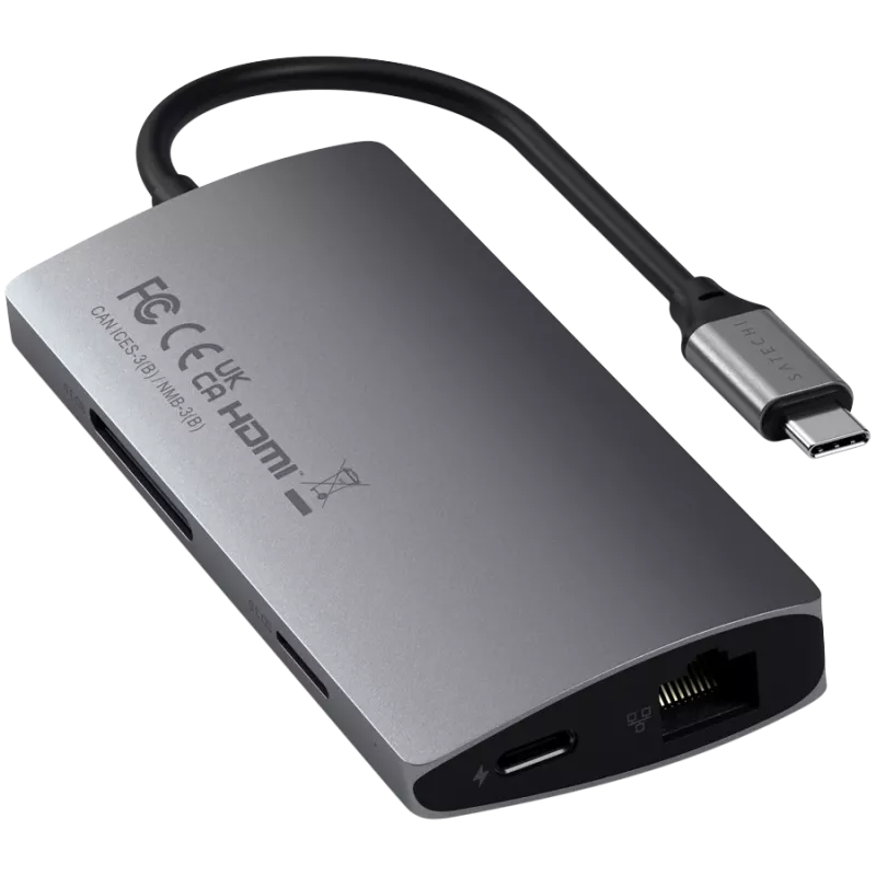 Satechi alumiinisovitin V2 USB-C (USB-C, 3x USB-A, 4K HDMI, kortinlukija micro/SD, Ethernet) (Starlight Grey)