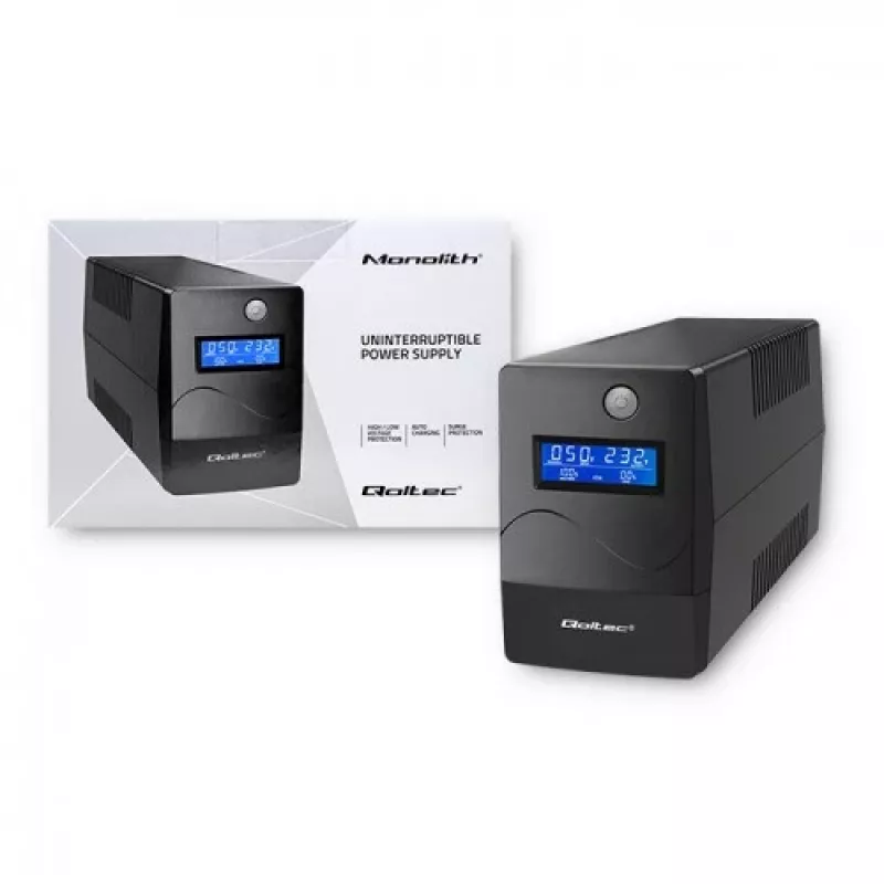 Qoltec Monolith 53980 UPS-varavirtalähde 1000 VA 600 W, 2x Schuko, LCD, USB, RJ45
