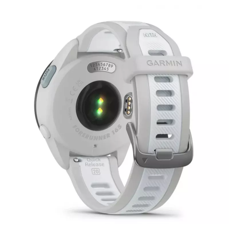 Älykello GARMIN Forerunner 165 — GPS, AMOLED 1,2 inch, 4 GB, 5 ATM, 11 päivän akku, harmaa kotelo, valkoinen ranneke