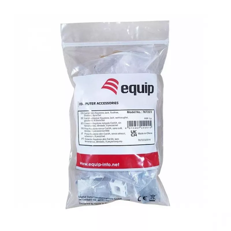 Suojattu Cat.6A ohut Keystone-liitin, EQUIP 767223, työkaluton, RJ-45, litteä, hopea, 8 kpl