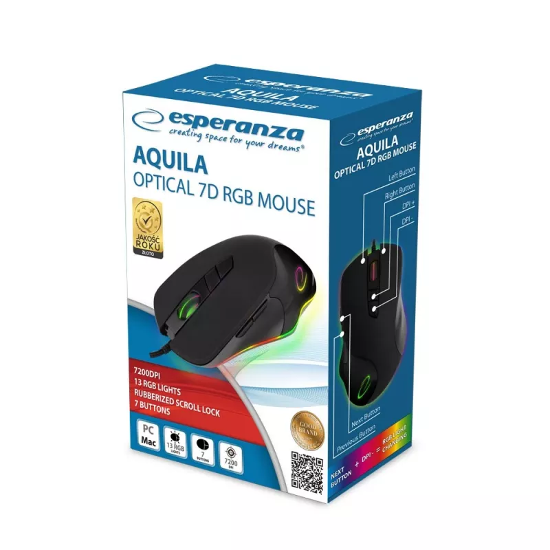 Esperanza EM132 Aquila langallinen optinen pelihiiri, 7200 DPI, 7 painiketta, RGB, oikeakätisille, USB