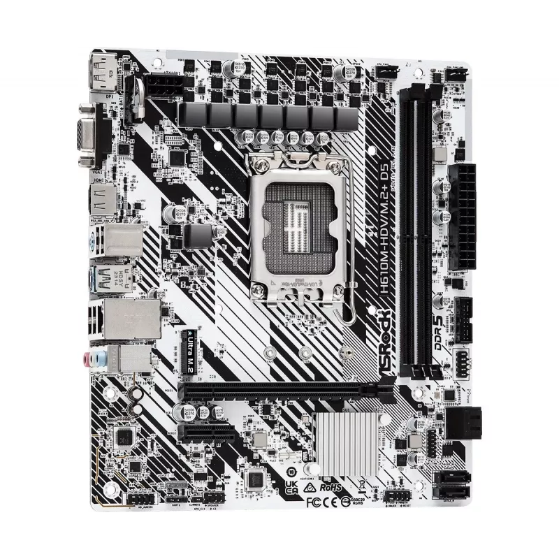 ASRock H610M-HDV/M.2+ D5 emolevy, Intel H610, LGA 1700, Micro-ATX, 2x DDR5 DIMM (enint. 96 GB), PCIe 4.0 x16, 1x M.2, 4x SATA III, HDMI, DisplayPort, VGA, USB-C 3.2 Gen 1, Gigabit LAN