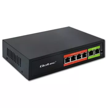 Ethernet PoE -kytkin QOLTEC 52289 — 4x RJ45 PoE-porttia, 2x RJ45 uplink, 65W PoE-budjetti