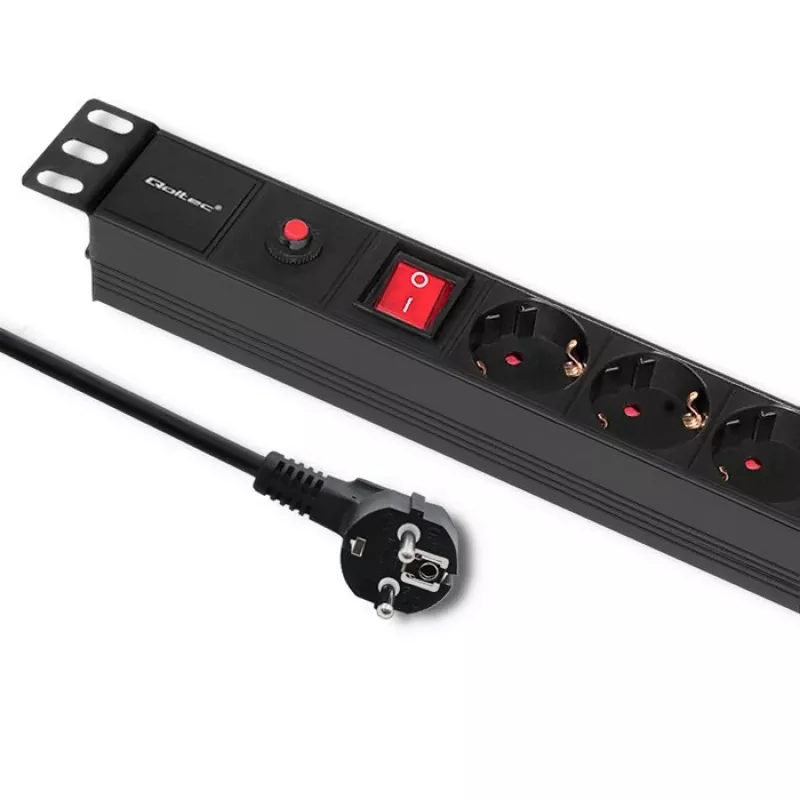 Qoltec 53993 19 tuuman 1U telineen PDU ylijännitesuojalla, 6x Schuko, 16 A, 2 m, musta