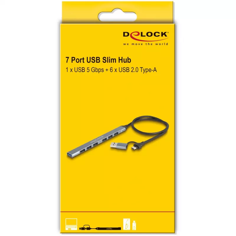 Delock 64273 ohut 7-porttinen USB-keskitin, USB Type-C tai Type-A -> 1x USB 5 Gt/s Type-A + 6x USB 2.0 Type-A