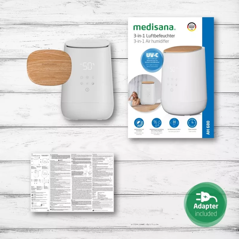 Medisana AH 680 -ilmankostutin, ultraääni, 2,6 L, valkoinen, puu, 24 W