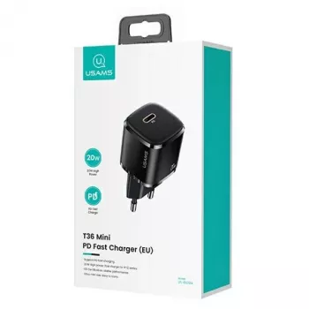 usams laturi 1x USB-C T36 + Lightning PD – kompakti PD-laturi USB-C- ja Lightning-liitännöillä