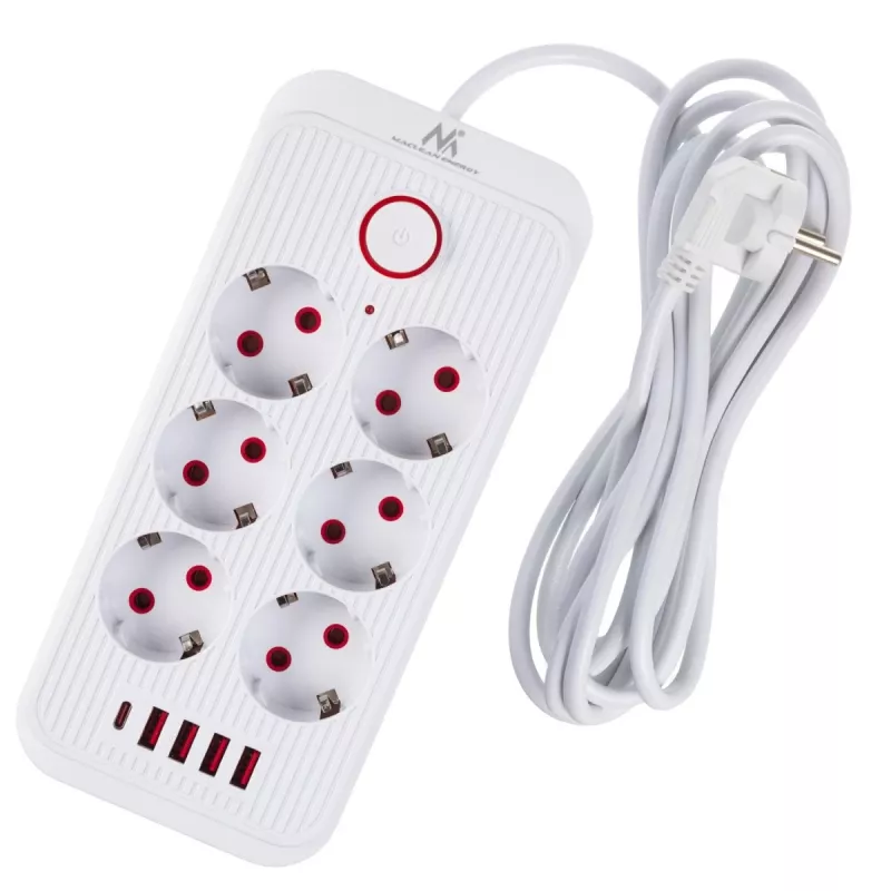 Pistorasia MACLEAN MCE391 W — 6 pistorasiaa, 4×USB-A + 1×USB-C, 3 m kaapeli, 110–240 V, 2500 W, valkoinen