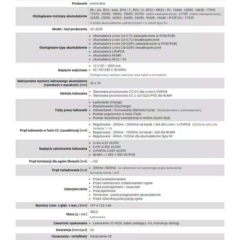 everActive UC-4200 lataaja sylinterimäisille Li-ion- ja Ni-MH-akuille