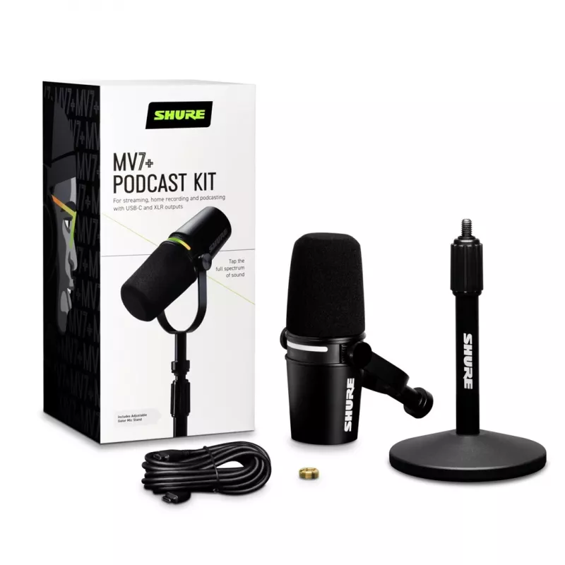 Shure MV7+-K-BNDL - puhe-/laulumikrofoni XLR/USB-C-liitännällä, musta + pöytäteline GATOR