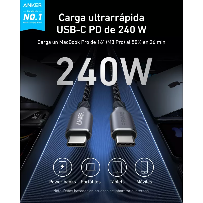 Anker Prime USB-C-USB-C-kaapeli A88E2012, 1,8 m, 240 W