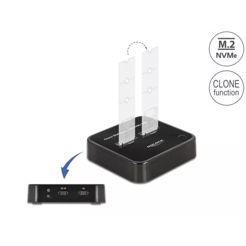 DeLOCK M.2-telakointiasema 2 x M.2 NVMe PCIe SSD -asemalle klonaustoiminnolla