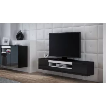 TV-taso cama meble VIVA 180 — 1800×400×370 mm, musta kansi (lastulevy), musta runko, valkoiset yksityiskohdat