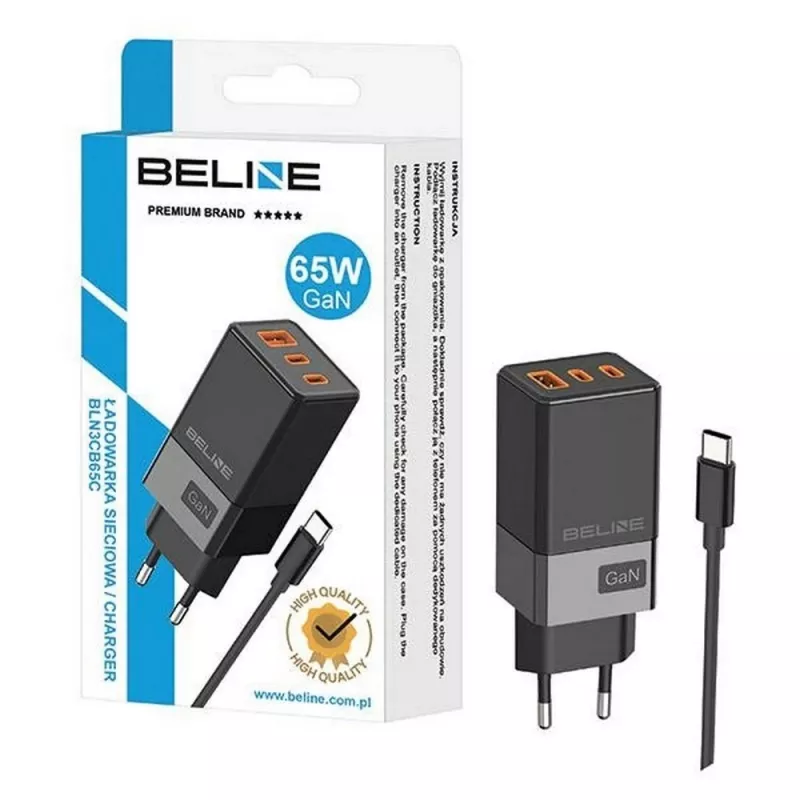 Beline verkkosovitin 2x USB-C 1x USB 65W kaapeli USB-C musta/musta PD 3.0
