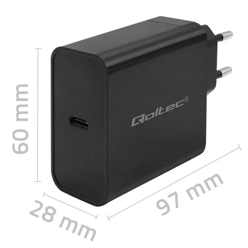 Laturi QOLTEC Super Quick PD 65W USB-C Power Delivery 5–20V, 1x USB-C, USB PD 3.0, Type-C-liitin, 65 W