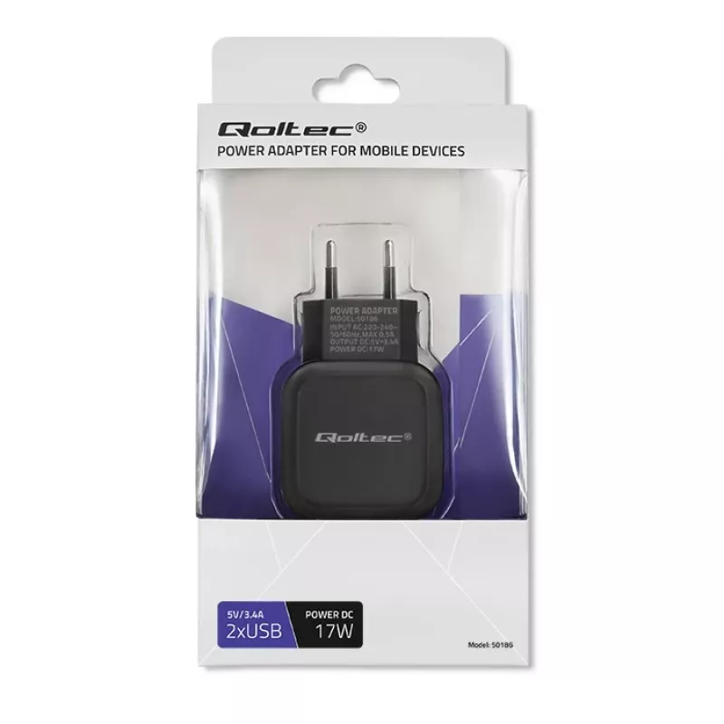 Sisälaturi QOLTEC 50186 älypuhelimelle ja tabletille, 5 V 3.4 A, 17 W, 2× USB, musta