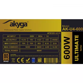 Akyga Ultimate AK-U4-600 ATX-virtalähde 600 W, 80 PLUS Bronze, aktiivinen PFC, 120 mm tuuletin