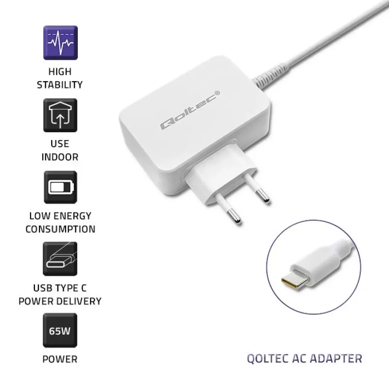 Qoltec 51039 65 W USB-C PD -virtalähde, 5–20,3 V, 2–3,25 A, sisäänrakennettu USB-C-kaapeli, valkoinen