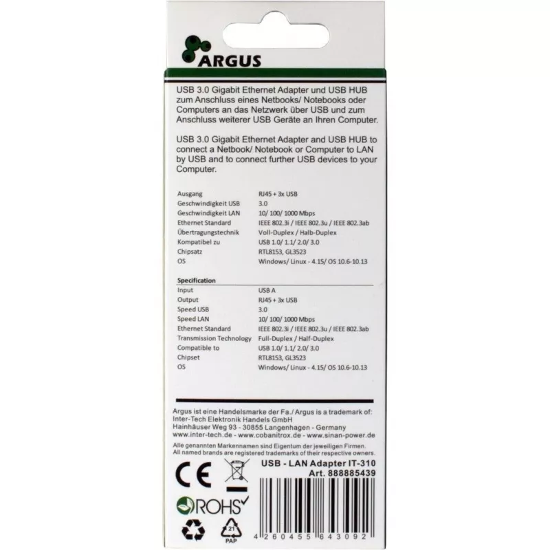 Inter-Tech Argus IT-310 -keskitin - 3 x SuperSpeed USB 3.0 + 1 x 10/100/1000 - pöytämalli (88885439)