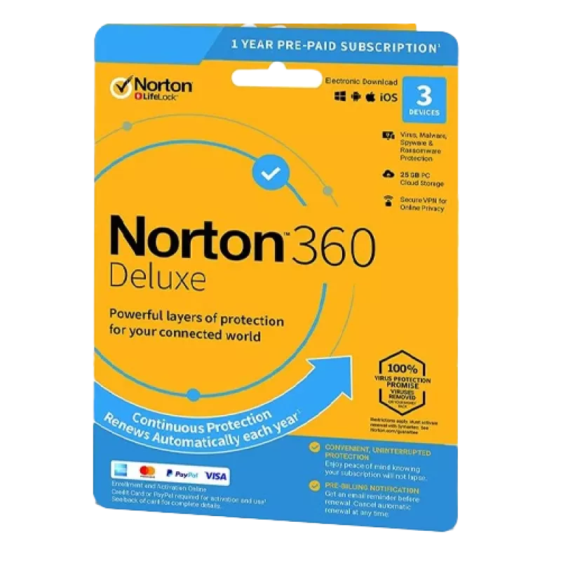 Norton 360 Deluxe | 3 laitetta | 1 vuosi | 25 GB pilvitallennustilaa | EU