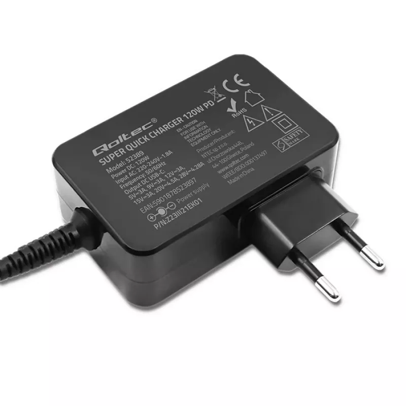 Qoltec PD 120W Turbo-pikalaturi | 5-28V | 3-4.5A | USB-C | musta