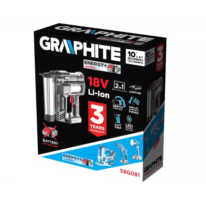 Graphite 58G081 Energy+ akkukäyttöinen niittipistooli 2-in-1, 18 V Li-Ion, ilman akkua