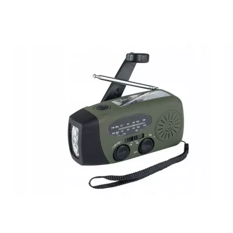 Hätäradio FOSCO 464600 LED-taskulampulla, varavirtalähteellä, FM, IPX3, aurinko-/käsikampi-/USB-C-lataus — vihreä/musta