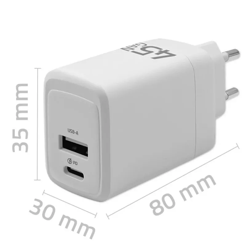 GaN 45W laturi 5V 20V 1,5A 3A, 1x USB-C PD, 1x USB-A