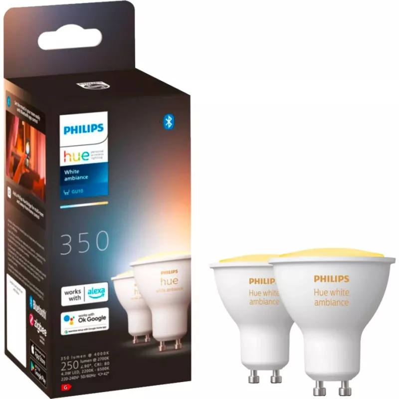 LED-GU10-lamput tuplapakkaus ja Hue Bridge – Philips Hue White Ambiance, korvaa 35W