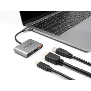 DeLOCK 61071 videokaapeli-sovitin 0,1 m USB Type-C USB Type-C USB Type-A HDMI harmaa