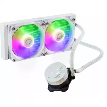 Nestekylmälaite Cooler Master MasterLiquid 240L Core ARGB valkoinen — 240 mm jäähdytin, 120 mm tuuletin, tukee LGA1700/AM5/AM4 ja vanhempia kantoja