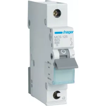 Hager MCS125. Nimellisvirta: 25 A. Tyyppi: C-käyrä, moduulien määrä (max): 1 moduuli. Leveys: 17,5 mm, syvyys: 70 mm, korkeus: 83,4 mm (MCS125)