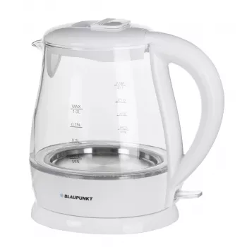 Sähköinen vedenkeitin BLAUPUNKT 1 L 1630 W valkoinen — lasirunko, 360°-jalusta, painikeavaaja