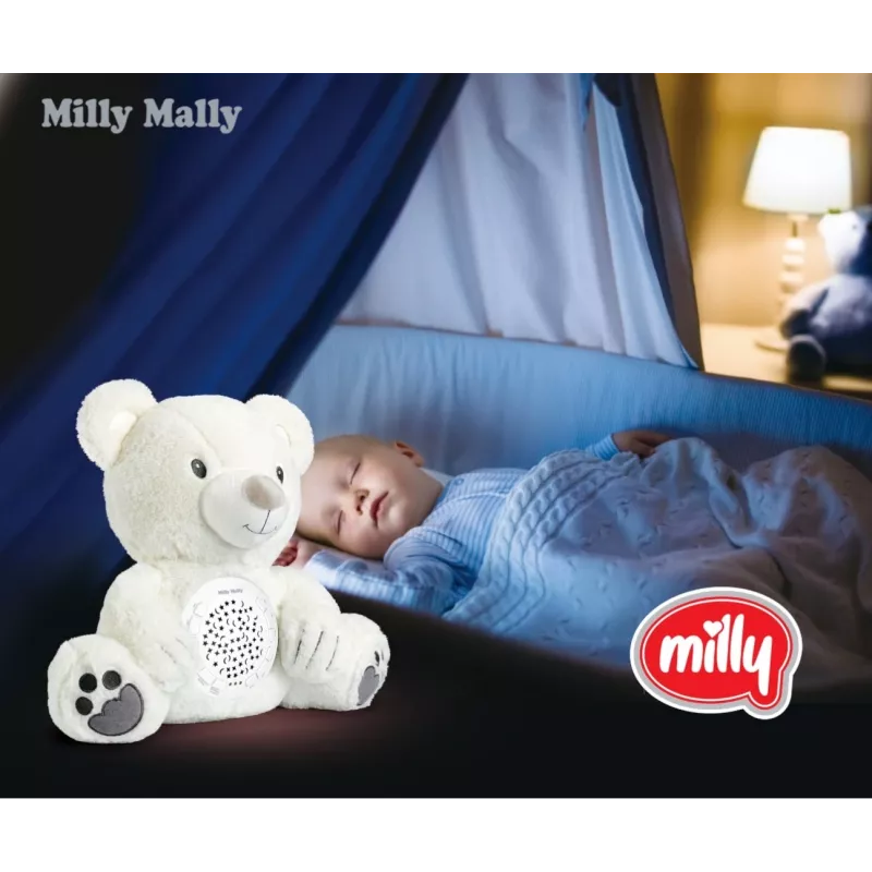 Pehmo-projektorilelu Milly Mally karhu 5656 pehmeällä valolla lastenhuoneeseen