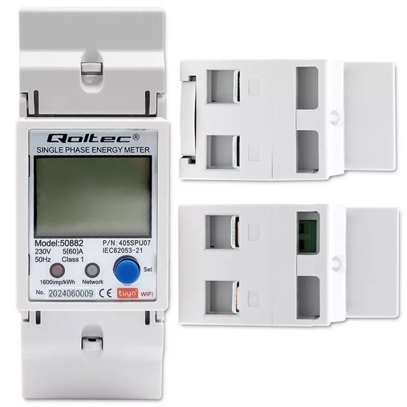 Qoltec 50882 yksivaiheinen elektroninen energiankulutusmittari DIN-kiskoon | Wi-Fi | TUYA | 230V | LCD