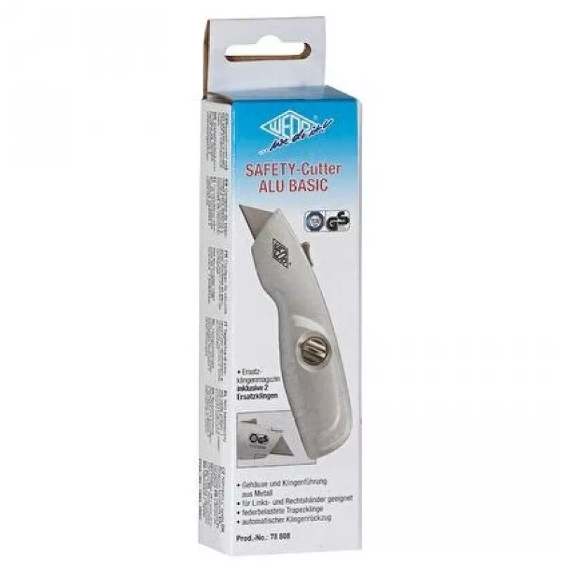 WEDO 78808 Safety-Cutter ALU yleisveitsi, puolisuunnikasterä, jousikuormitteinen, automaattisesti sisään vetäytyvä, 2 varaterää, TÜV/GS, hopea
