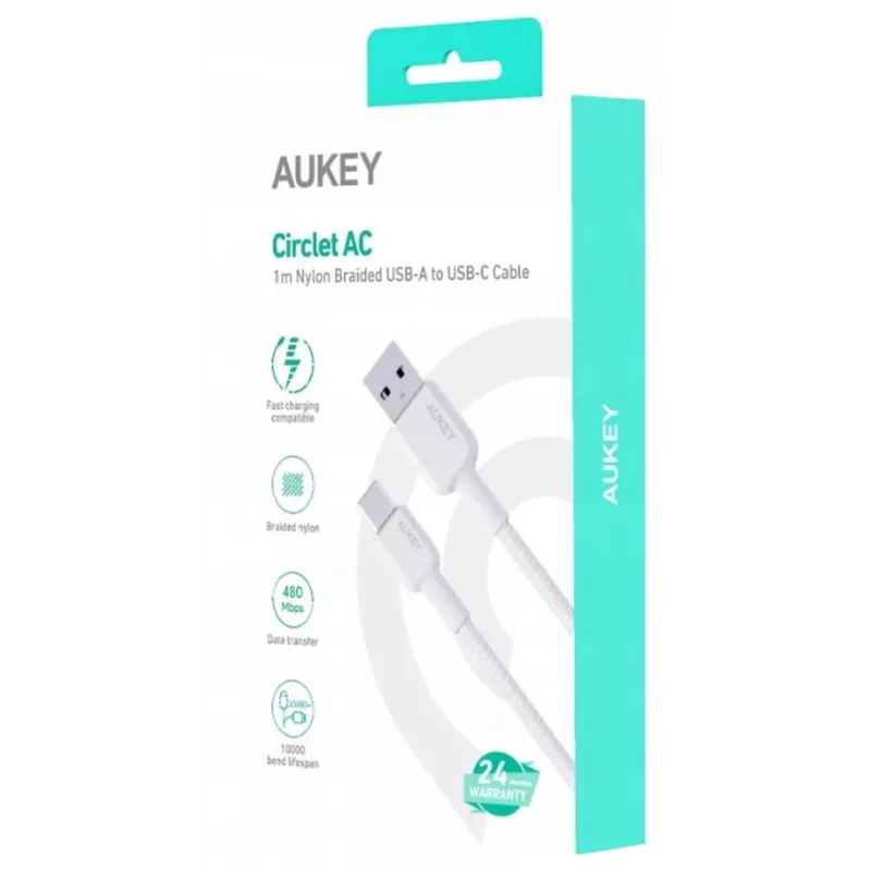 AUKEY CB-NAC1 valkoinen nailonkaapeli USB-C - USB-A