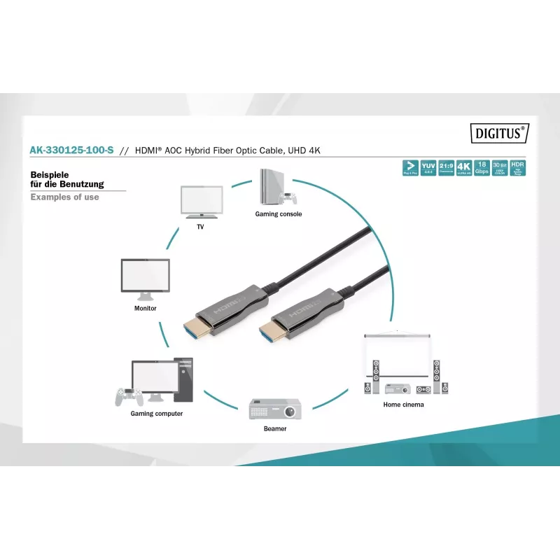 HDMI AOC hybridi-kuituoptinen kaapeli Digitus AK-330125-100-S