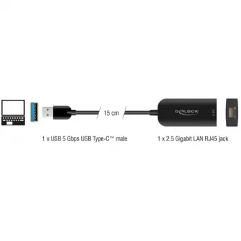 DeLOCK 66045 sovitin USB 5 Gbps Type-A - 2,5 Gigabit LAN RJ45 musta