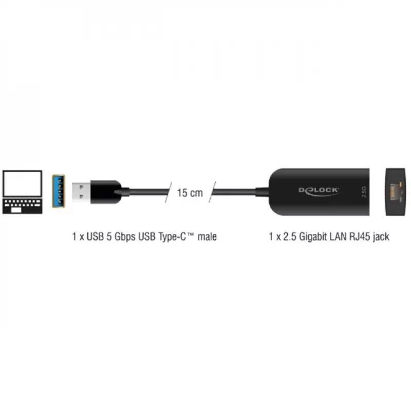 DeLOCK 66045 sovitin USB 5 Gbps Type-A - 2,5 Gigabit LAN RJ45 musta