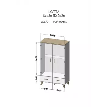 Vaattekaappi cama meble LOTTA 2D2D, 2 ovea, Sonoma-tammi runko valkoisilla ovilla, 1100×550×1900 mm