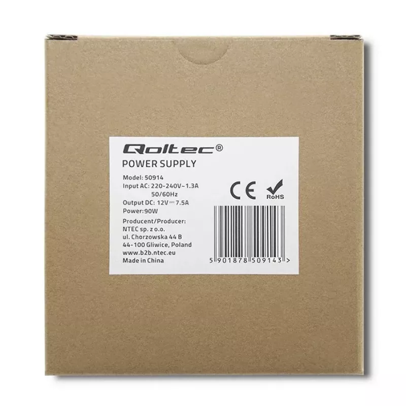Qoltec 50914 DIN-kiskovirtalähde | 90W | 12V | 7,5A | valkoinen | ohut