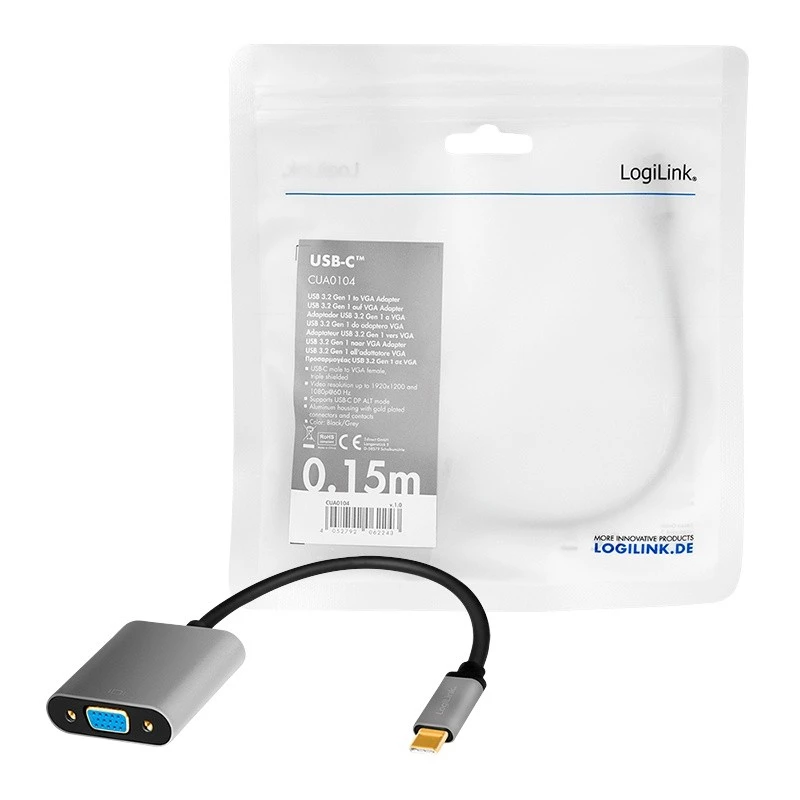 USB Type-C - VGA (D-Sub) -videoadapterikaapeli LOGILINK CUA0104 0,15 m, harmaa/musta