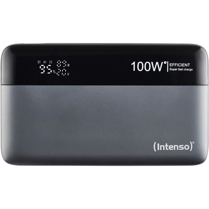 Powerbank INTENSO 7350050 — 20000 mAh, 1× USB-A + 2× USB-C, 100 W kokonaislähtöteho, musta/harmaa